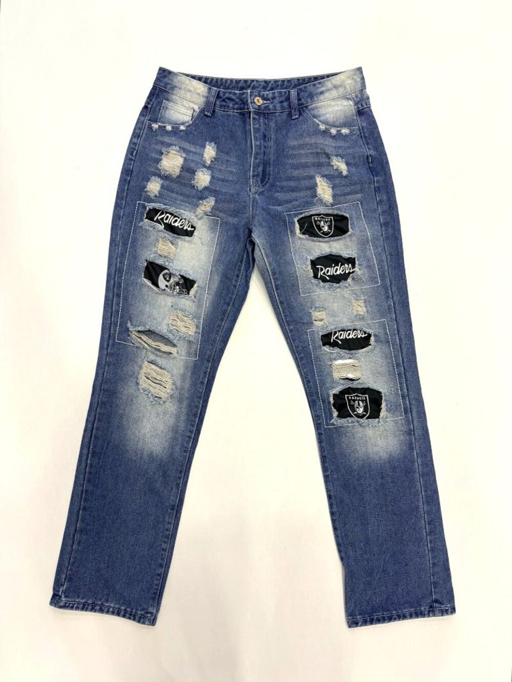 Custom Raiders Distressed Denim Jeans with Logo Patches L